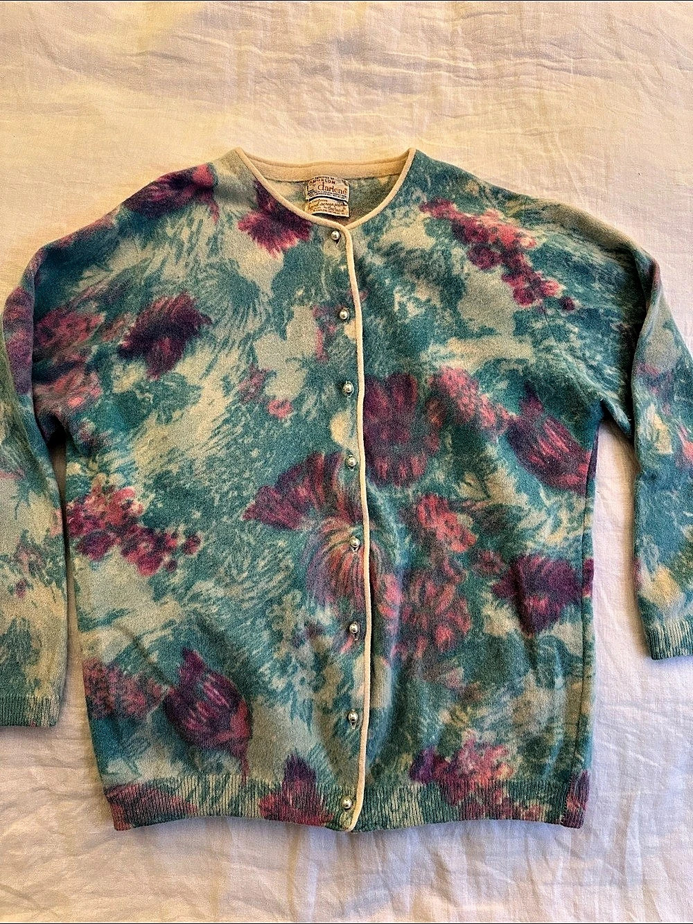 Vintage Hand-screen Print Rabbit Hair and Lambswool Blend Floral Cardigan